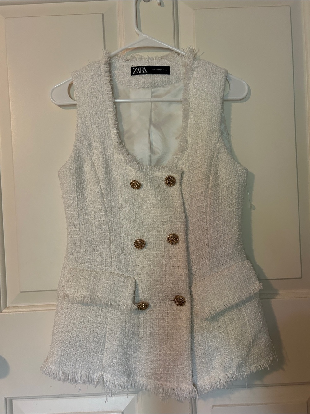 Zara Cream Tweed Double-Breasted Sleeveless Vest with Gold Buttons